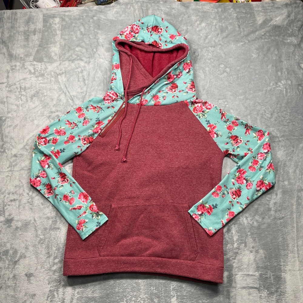 Soto Lifestyle Womens Burgundy Floral Sleeve Hoodie Pullover Size Large